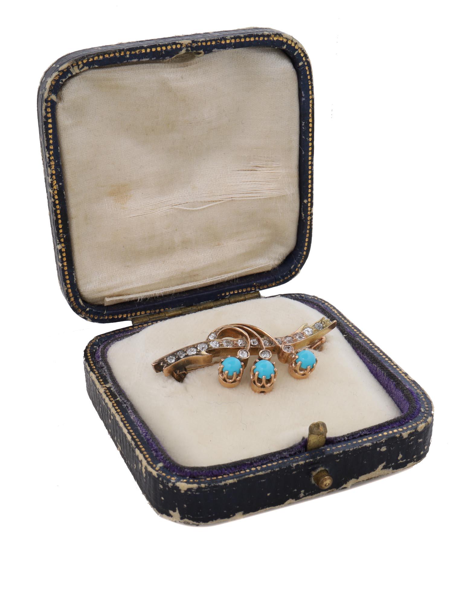 ANTIQUE RUSSIAN 14K GOLD DIAMOND TURQUOISE BROOCH (1 of 7)