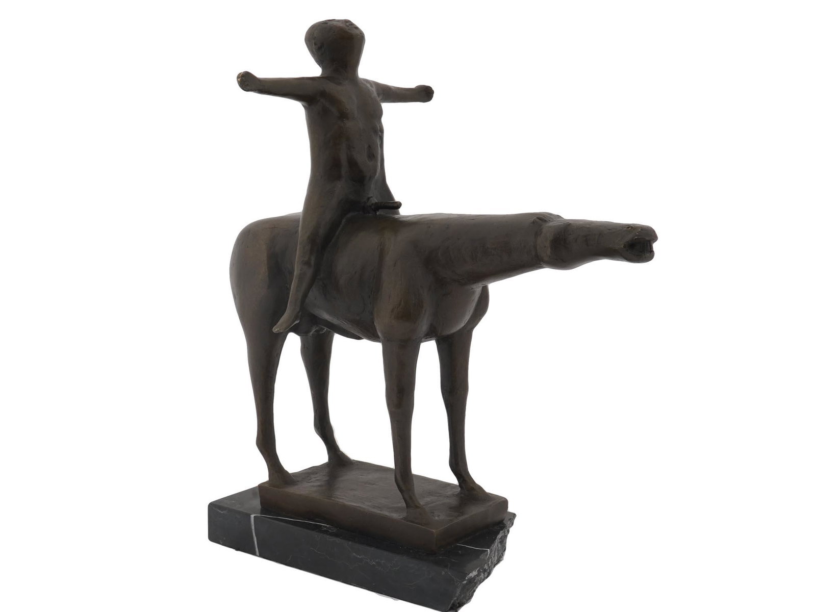 SCULPTURE THE ANGEL OF THE CITY BY MARINO MARINI: Marino Marini, 1901 to 1980, bronze sculpture after his seminal work The Angel of the City, 1948 depicting a horse and rider with his arms stretched out to either side. Cast circa the mid 20th century