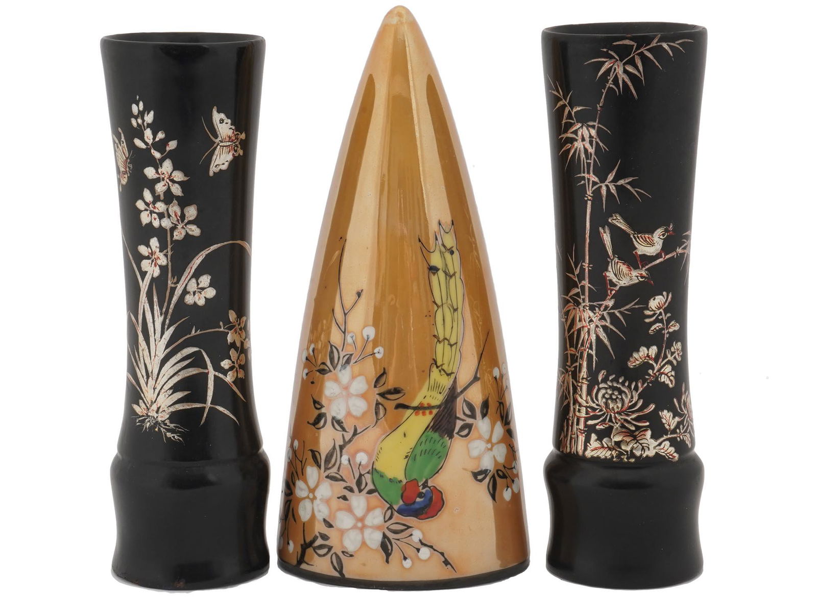 ORIENTAL PORCELAIN WALL VASE AND TWO WOODEN VASES (1 of 6)