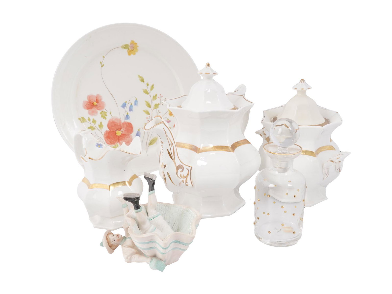 JAPANESE TABLEWARE BY ARDALT PORCELAIN TEA SET: A set of six porcelain tableware and home decor items. A porcelain figurine of an ice-skating girl by Ardalt. A white faceted porcelain tea set with golden detailings consisting of a teapot, a sugar b