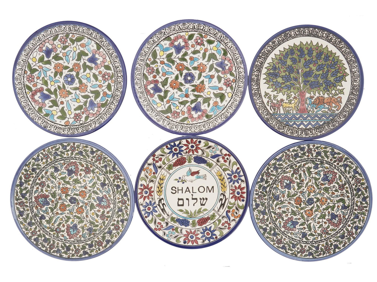 LOT OF 6 JEWISH ARMENIAN POTTERY WALL PLATES: A set of six vintage Jewish ceramic wall decor plates, Armenian Pottery. Hand painted with finely detailed polychrome floral patterns, one plate is also inscribed: Shalom, in Latin and Hebrew letterin