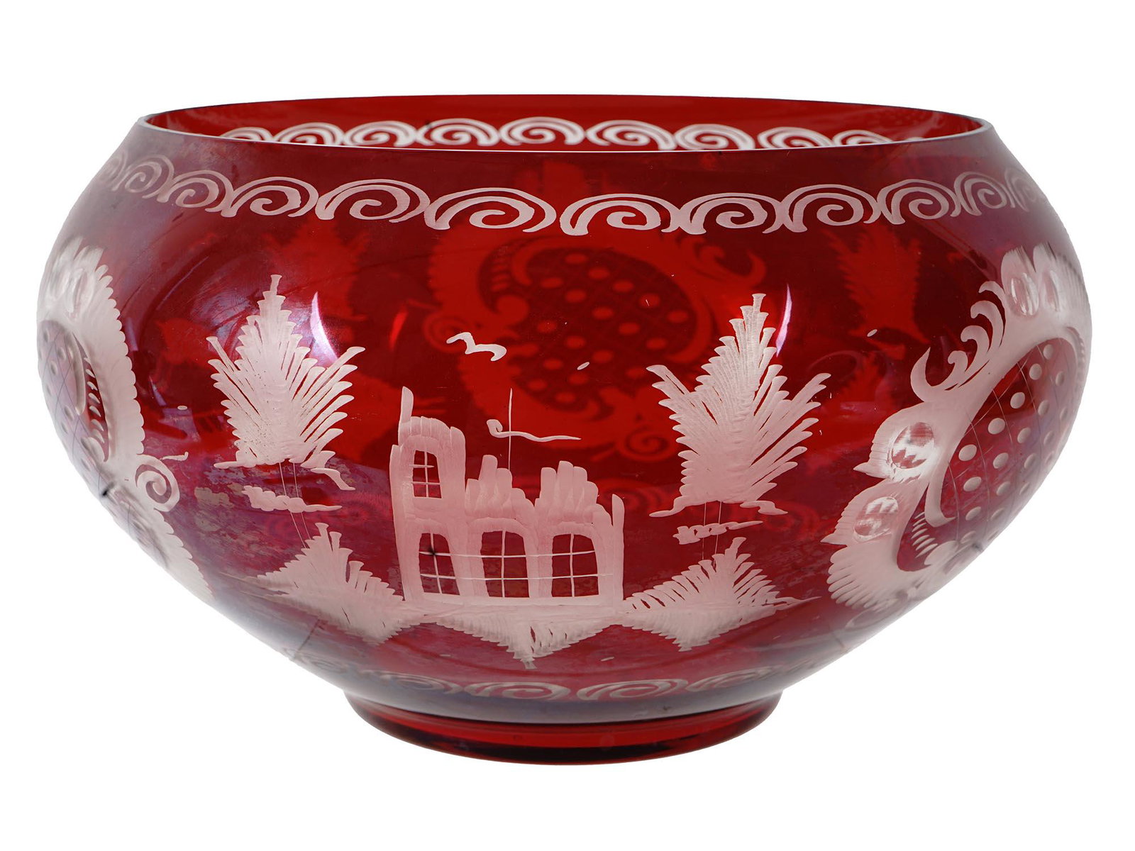 CZECH EGERMANN BOHEMIAN CRYSTAL GLASS FRUIT BOWL: A Czech Egermann Bohemian crystal ruby cut to clear glass fruit or candy bowl. The bowl is adorned with an etched frosted glass Forest scenic depicting a running deer, a castle, Rococo style medallion