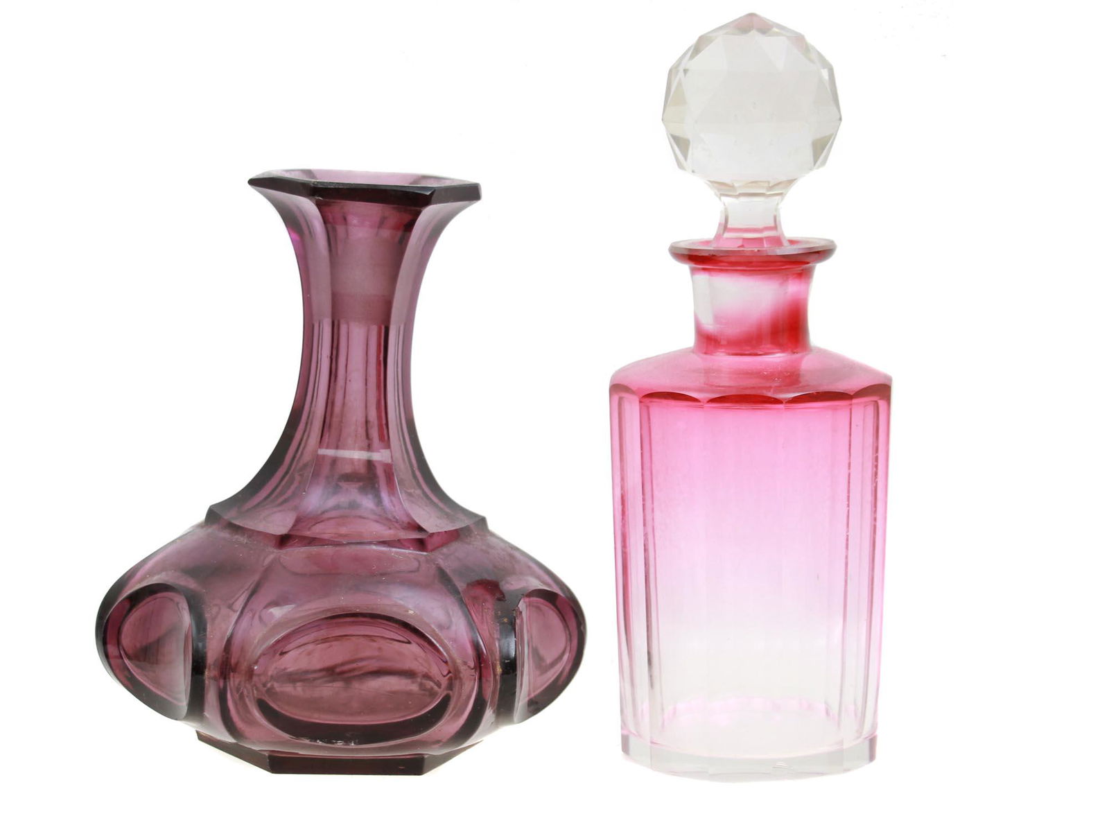 AN ANTIQUE PINK GLASS BOTTLE AND VASE (1 of 7)