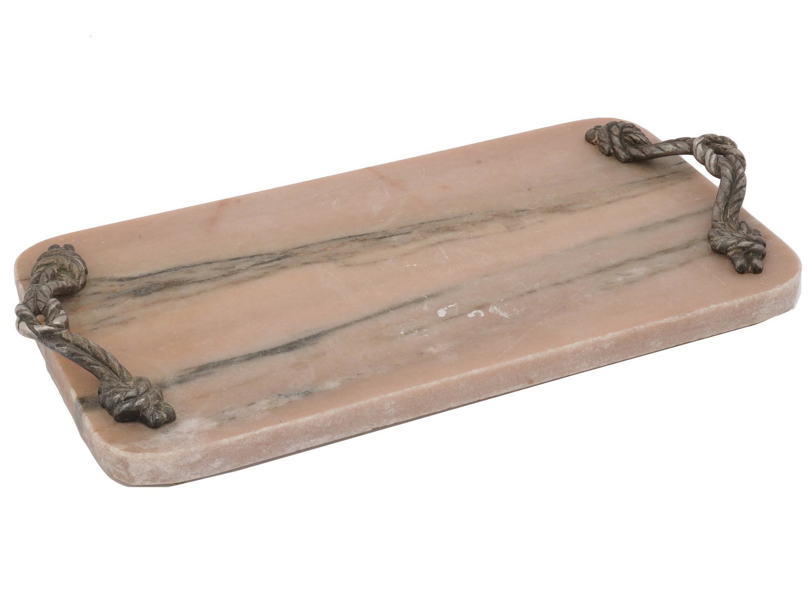 ROSE MARBLE SERVING TRAY WITH SILVER ROPE HANDLES: A vintage rectangular serving tray made of rose marble. The two silver handles at the sides of the piece are executed in the shape of ropes. Vintage Tableware And Home Decor. Dimensions: 15 x 8 in. Al
