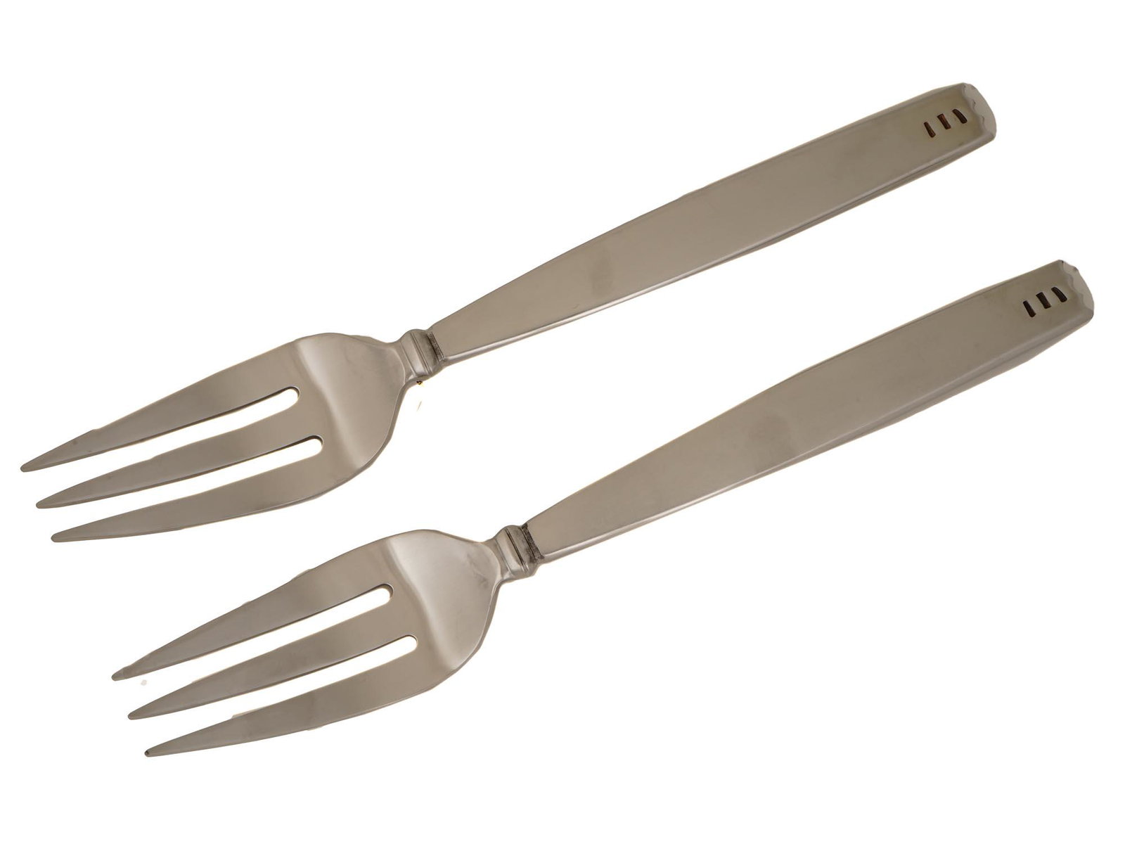 TWO LISA JENKS NOTCH LUNT STAINLESS STEEL FORKS: A pair of Lunt stainless steel forks, the notch pattern. Designed by Lisa Jenks. Marked. Made in Korea. Modern Kitchenware and Flatware For Collectors. Dimensions: L: 9 3/4 in. All measurements are ap