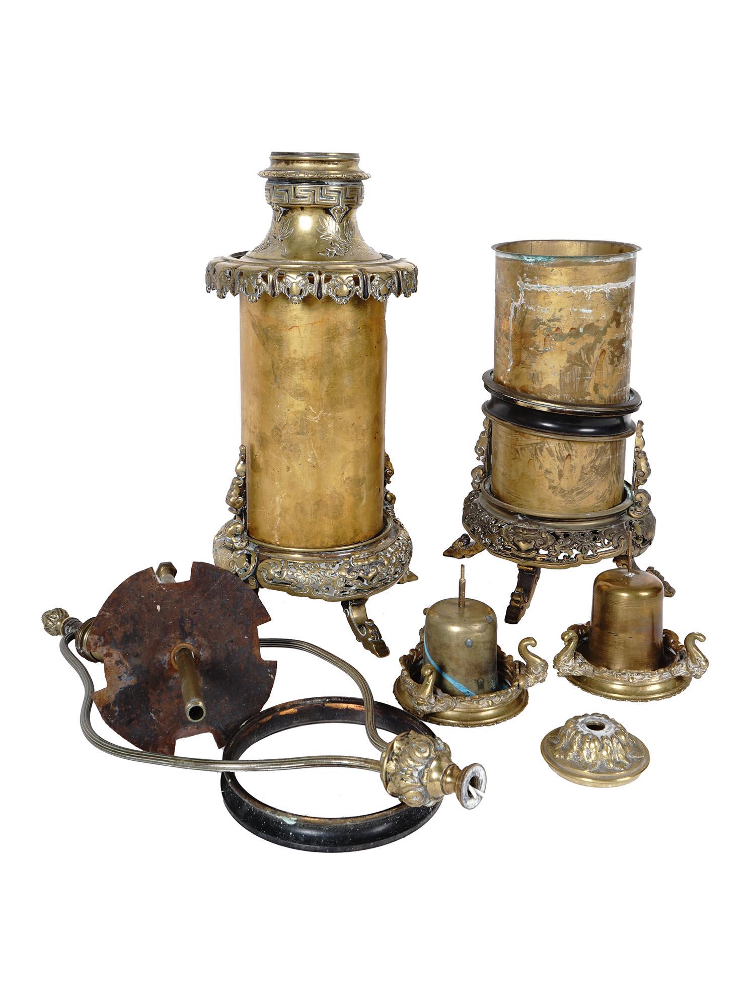 FRENCH TABLE LAMP BRONZE PIECES PRODUCED IN JAPAN: A set of antique Japanese bronze pieces for two French table lamps. dating from the early 20th century. Adorned with repousse and pierced through Oriental motifs. Possibly made of Japanese incense bur