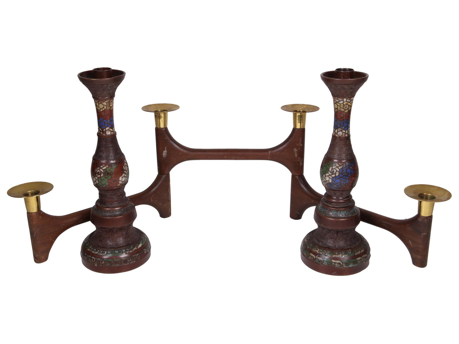 MIDCENTURY CHINESE AND SCANDINAVIAN CANDLEHOLDERS: The lot includes a matched pair of early 20th century Oriental Chinese bronze champleve candlesticks decorated with polychrome enamel patterns, and a mid century Scandinavian modern articulating candl