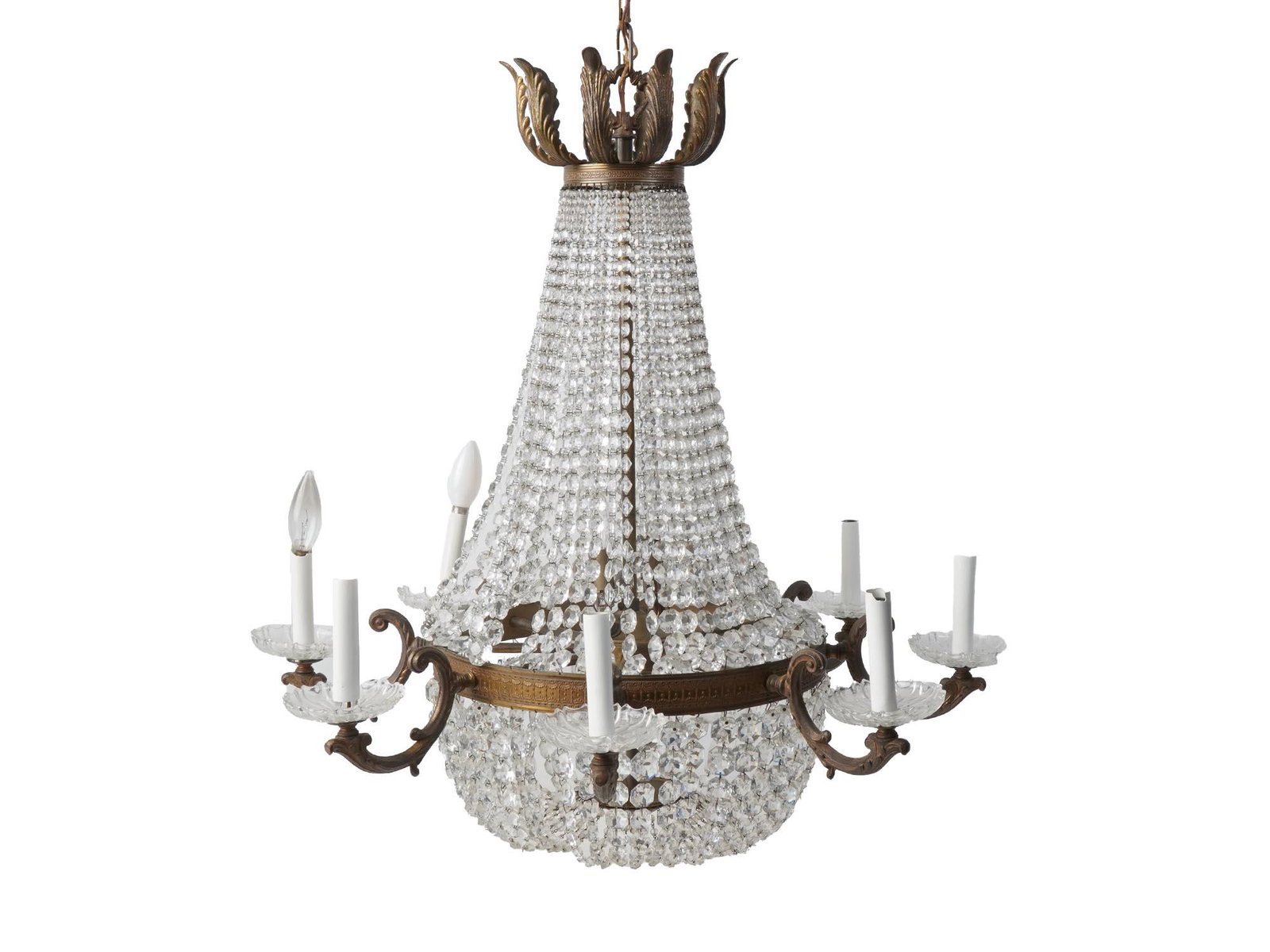 LARGE VINTAGE CHANDELIER WITH CUT CRYSTALS: A vintage large 8 arm chandelier draped with strands of dazzling cut crystals. The neo classical body is finely cast from solid brass, the details highlighted with a historic finish. With a huge cryst