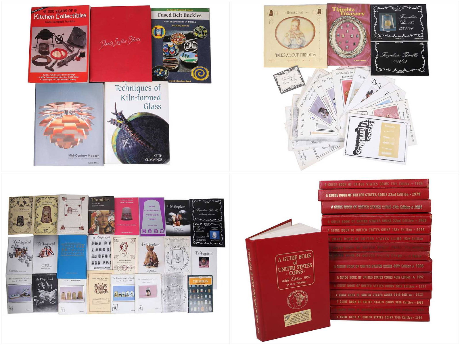 LARGE LOT OF BOOKS ART, NUMISMATIC, COLLECTIBLES: The first part includes a collection of books on collectibles and design. A total of five items. Linda Campbell Franklin, 300 Years of Kitchen Collectibles, 1997. Doris Leslie Blau, An Eclectic Select