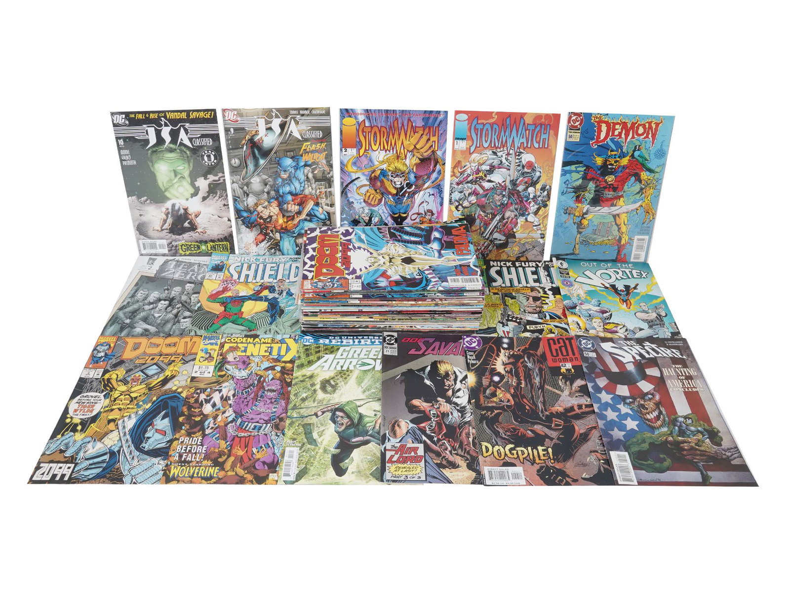 COLLECTION OF AMERICAN COMIC BOOKS AND MAGAZINES: A large collection of vintage American comic books and magazines. The collection includes a group of Marvel comic books Doom 2099, Nick Fury Agent of Shiels; a group of DC comics Green Arrow, Doc Sava