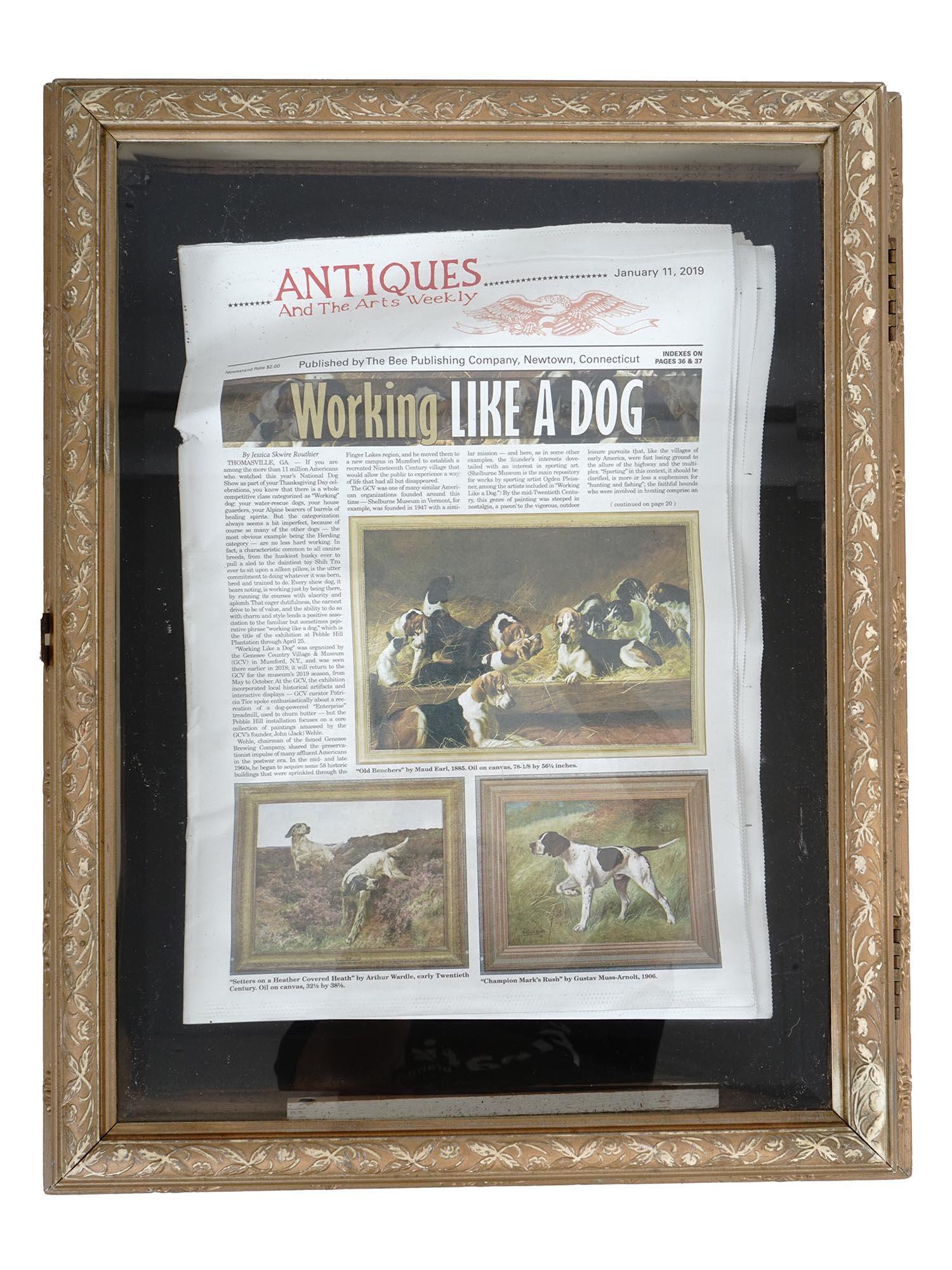 BEVELED GLASS SHADOW BOX ANTIQUES AND ARTS WEEKLY: A beveled glass shadow box with a nicely ornate gilt wood and gesso frame. Contains an issue of the Antiques and the Arts Weekly, January 11, 2019, Published by the Bee Publishing Company, Newton, Con