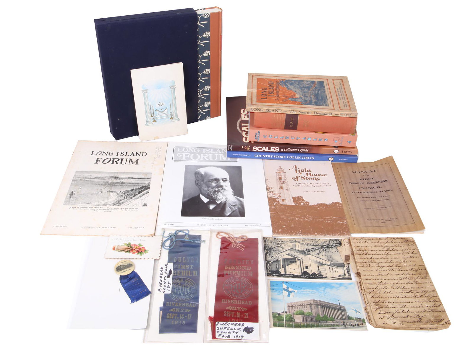 US LOCAL HISTORY COLLECTIBLES AND PUBLICATIONS: A collection of antique and vintage items related to American local history. A total of ten publications and eight collectibles. Antique diary pages, handwritten text in Finnish. Two 1915 Suffolk Coun