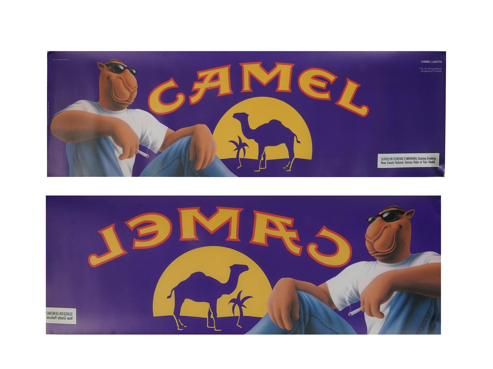 TWO 1990S RARE JOE THE CAMEL TOBACCIANA POSTERS: Two huge vintage 1997 Camel Lights cigarette advertising posters with Joe the Camel. Marked with copyright symbol, 1997, R.J. Reynolds Tobacco Co. Man Cave Decor, Vintage American Tobacciana Collectib