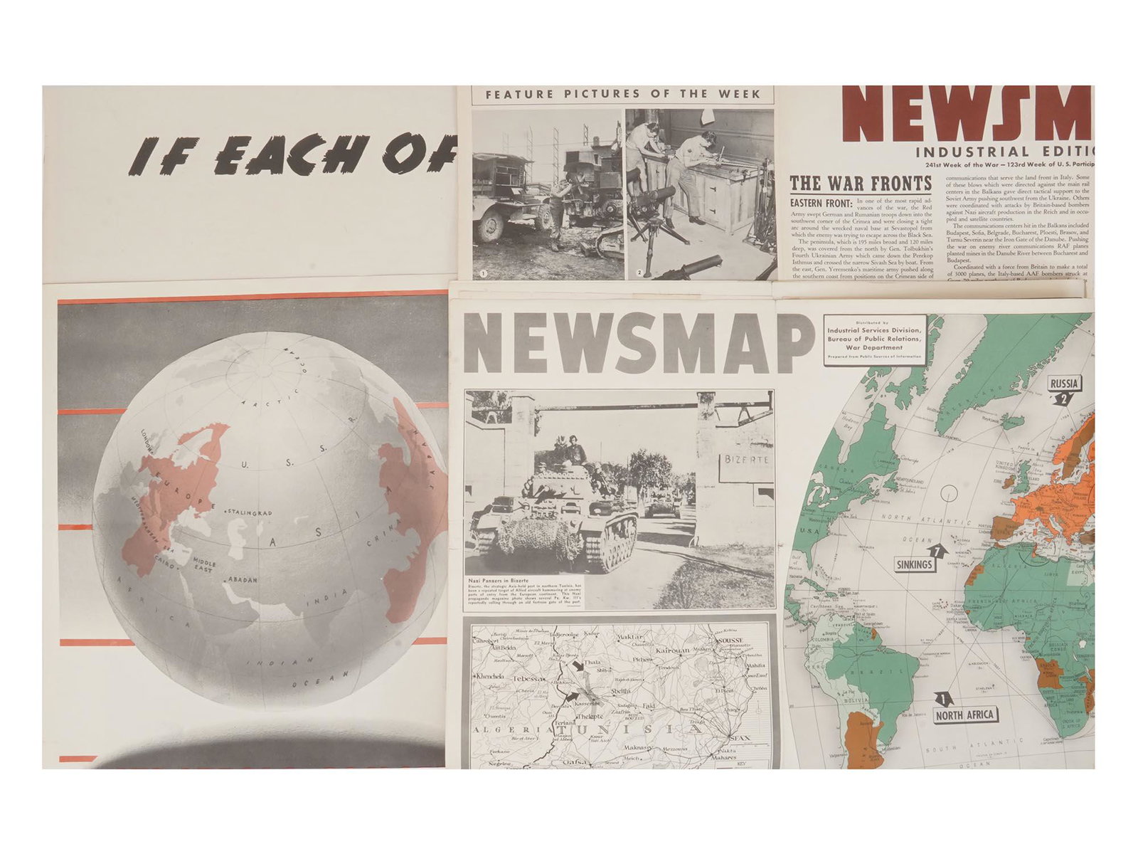 FOUR WWII AMERICAN NEWSMAP POSTERS INDUSTRIAL ED.: A lot of four 1940s American Newsmap posters. The maps date back to March 1943, April and October 1944, November 1945. Issue topics: Industrial Editions, If Each of Us Wastes 1 Pound of War Material, 