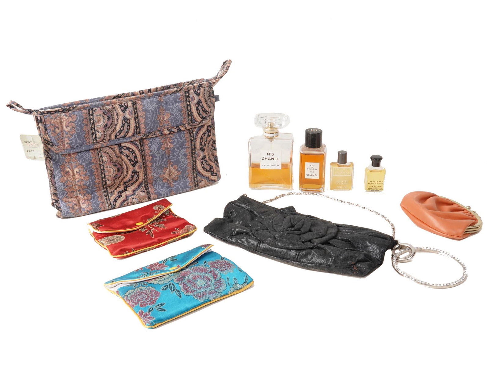 COLLECTION OF VINTAGE PURSES AND PERFUME BOTTLES: A set of vintage perfume bottles including Chanel No. 5 Eau de Parfum, Chanel No. 5 Eau de Cologne, Aramis Devin Country Cologne 25 fl. oz., Tuscany Eau de Toilette 25 fl. oz. Also contains two small 