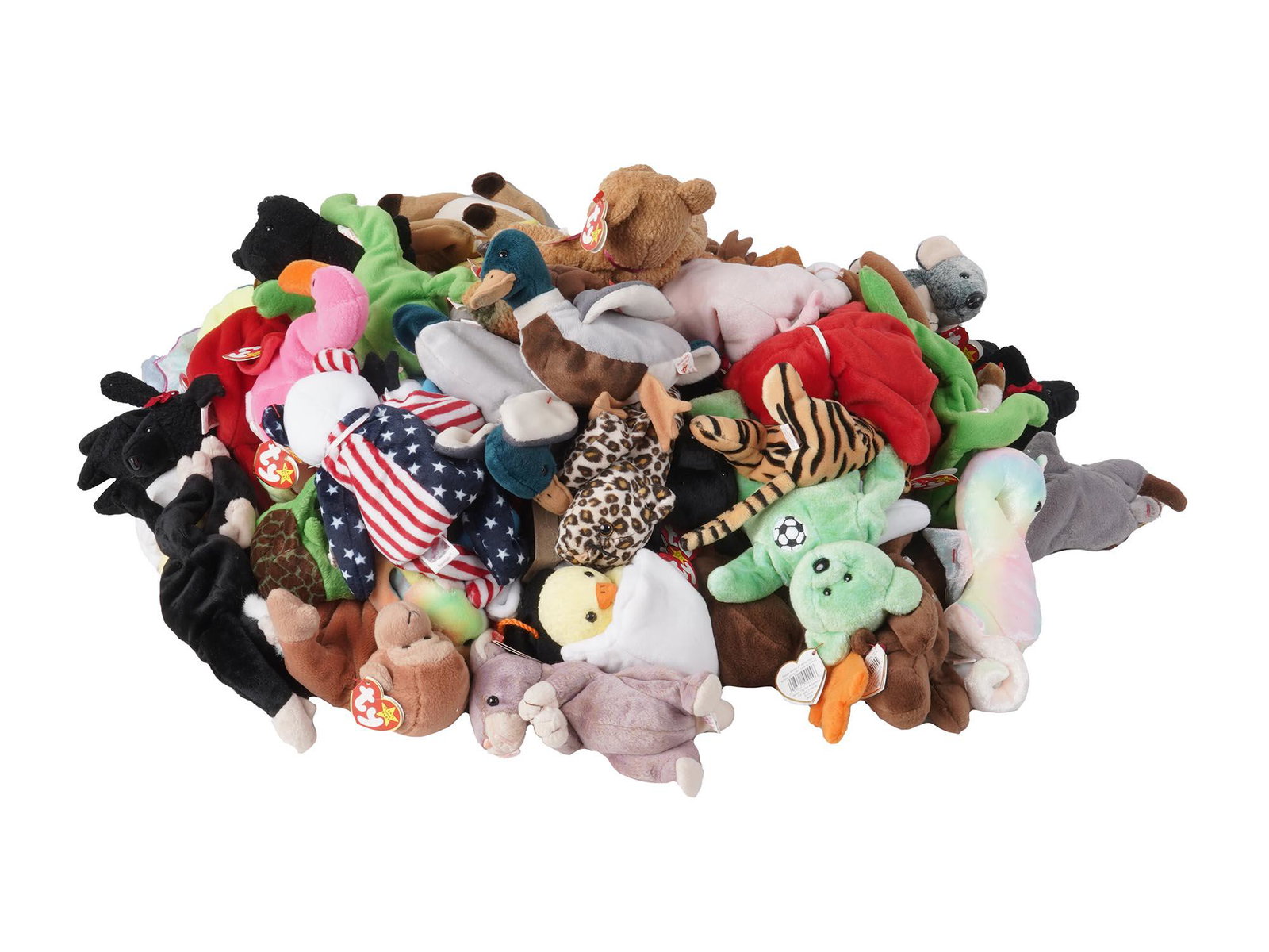 VINTAGE 1990S BEANIE BABY ANIMAL TOYS COLLECTION: A collection of vintage Beanie Baby plush toys including bears, monkeys, frogs, pigs, chickens, tigers, ducks, and more. Circa the late 20th century. Collectible Toys and Toy Playsets, Christmas Gifts