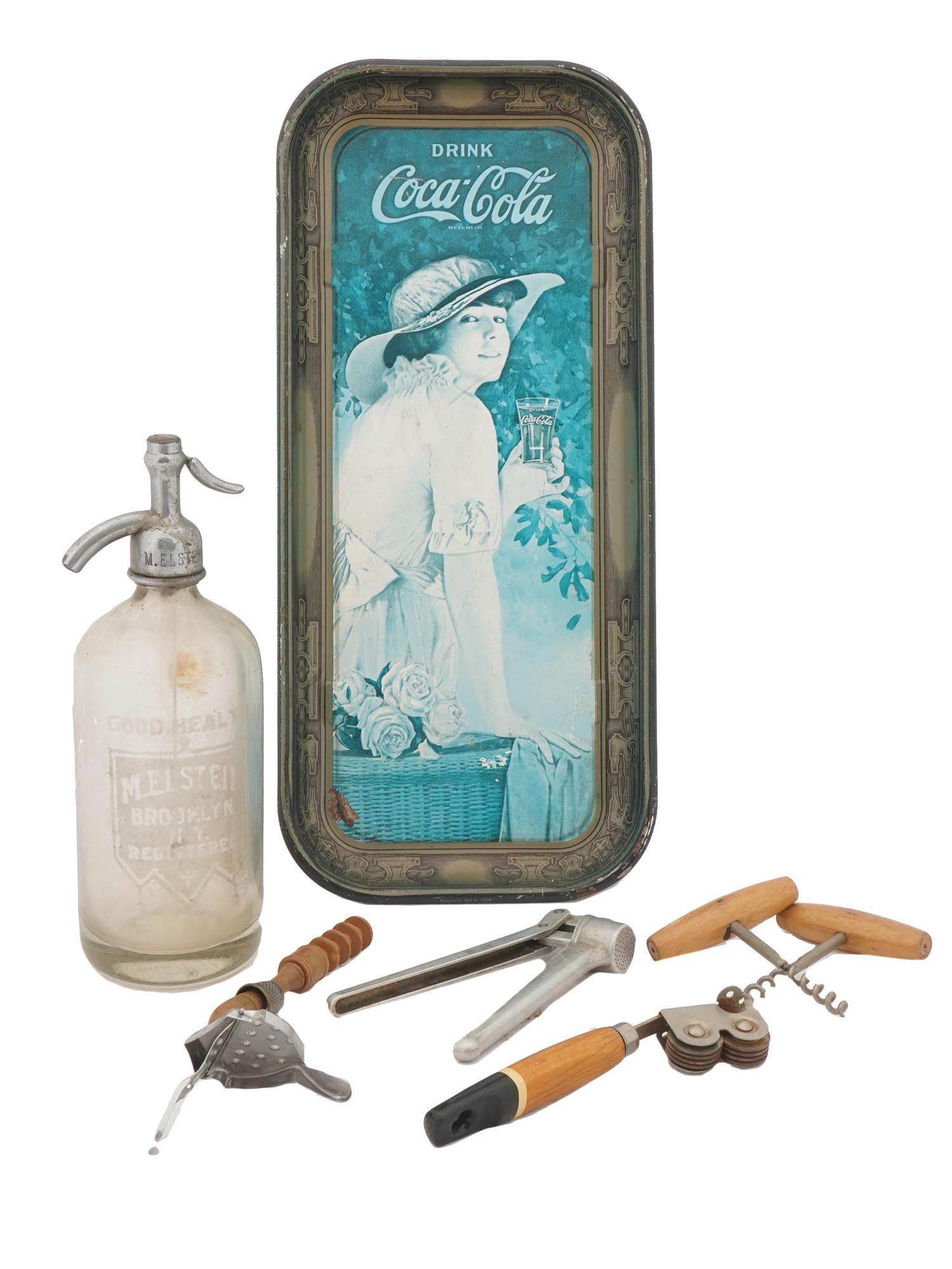 COLLECTION OF BAR AND DINNER WARES COCA COLA TRAY: A collection of various bar and dinner wares. The collection includes a group of metal and wooden bottle screws; one metal garlic press, marked, Simplex III, Pat., Swiss Made, USA; one more stainless