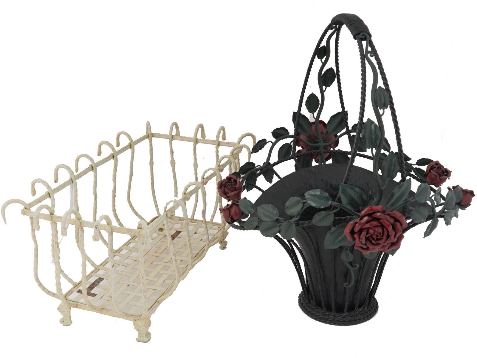 VINTAGE METAL FLOWER BASKET AND NEWSPAPER STAND: A vintage cast iron metal wire decorated with floral motifs, and a vintage white colored old stand for newspapers, magazines, books, documents made of metal, on four legs. Office and Room Decor. Count