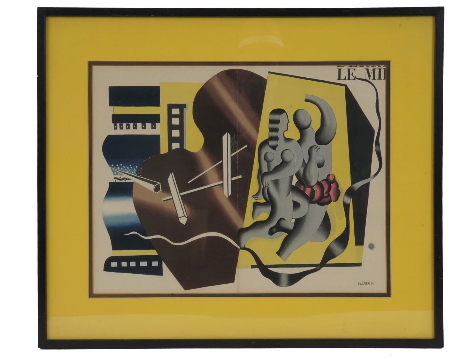 ABSTRACT LITHOGRAPH WITH FIGURES BY FERNAND LEGER: Color lithograph, an abstract composition with two nude figures. Titled Composition Avec Figures, Composition with Figures. Signed F. Leger and dated 1930 in the lower right. Fernand Leger, 1881-1855,