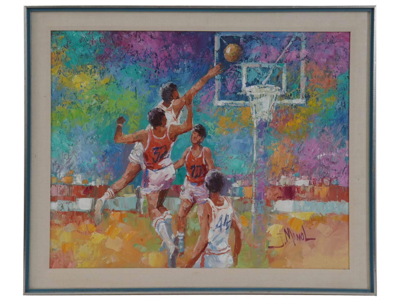 MID CENTURY BASKETBALL PAINTING BY JOHN MANOL: John Manol, oil on canvas painting depicting basketball players. Signed lower right. In the matter of Leroy Newman Matted and framed. Circa the mid-late 20th century. John Adamos Manol was a Greek 20t