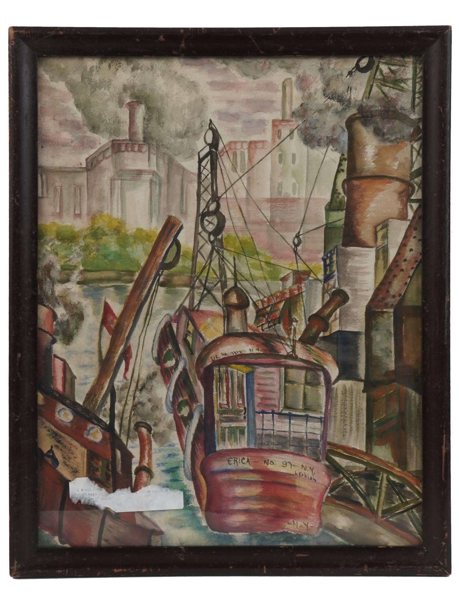NYC TUGBOAT WATERCOLOR PAINTING BY HARRIET FABIAN: Harriet Hoag Fabian, American school, 20th century artist, watercolor painting on paper, New York City Tugboat. Circa: 1990s. Signed and inscribed lower to the center. Framed. Provenance: Thos Cornell