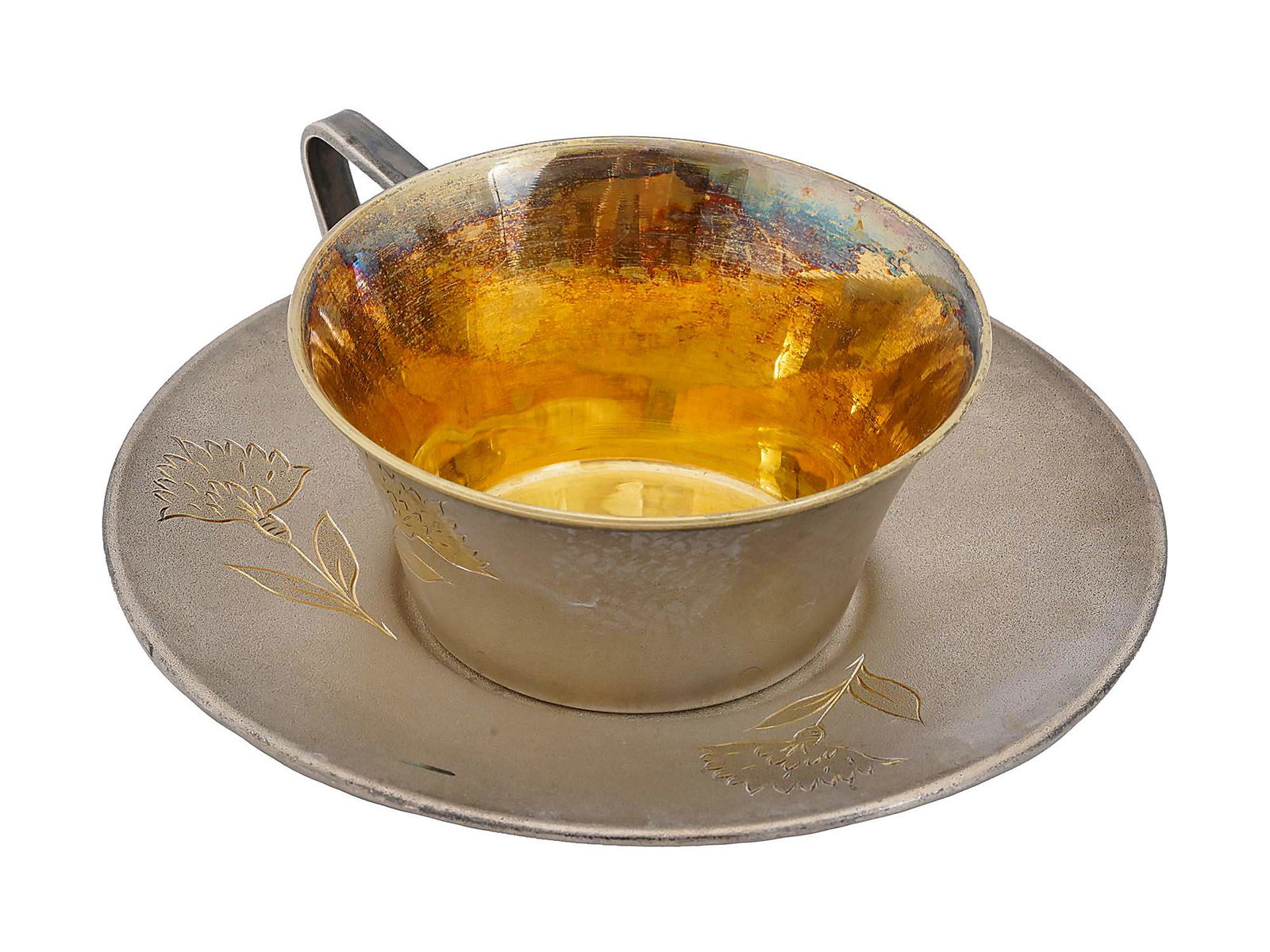 RUSSIAN SOVIET SILVER GILT TEA CUP AND SAUCER (1 of 9)