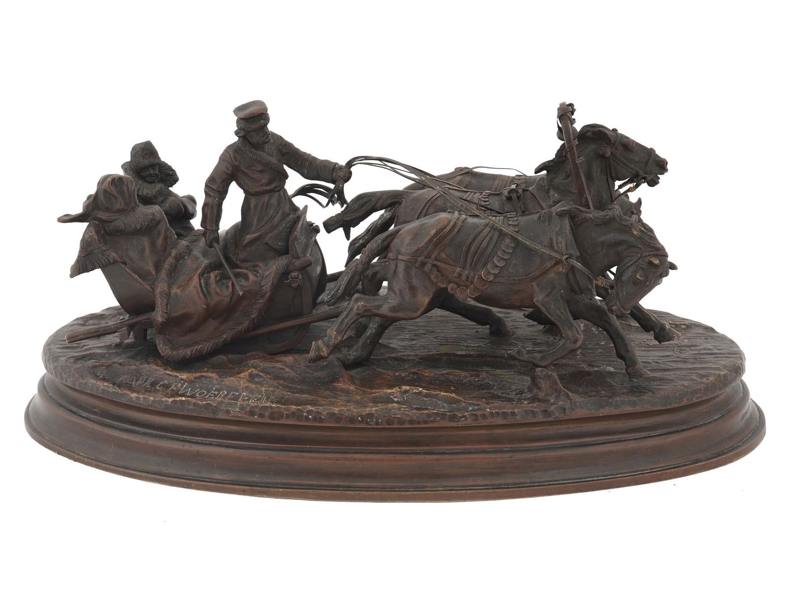 ANTIQUE RUSSIAN BRONZE TROIKA BY VASILY GRACHEV: Vasily Grachev, 1831 to 1905, a classic Russian bronze figural group of three horses pulling a sled led by a sleds-man leading passage for two persons, named Troika Passage. Original casting, circa 18