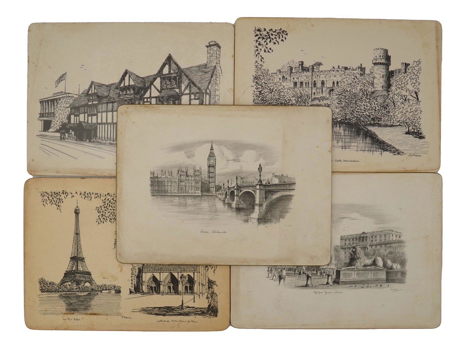 MID CENT COASTERS WITH EUROPEAN CITYSCAPE PRINTS: A lot of five mid-century cork board coasters with black and white prints representing views of famous places in France and England. Each artwork is titled underneath and signed in the lower right. Th