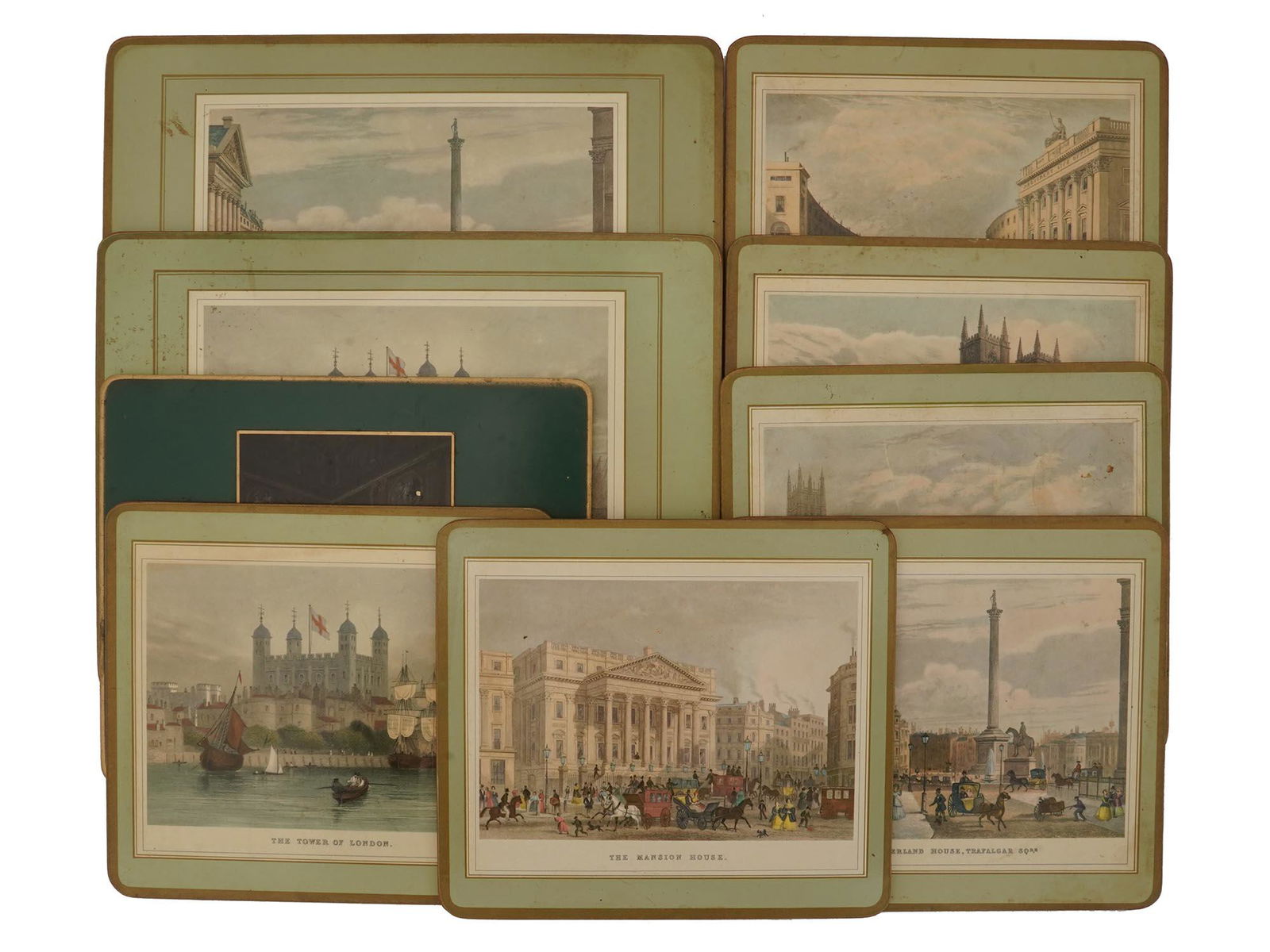 MID CENT COASTERS WITH LONDON ARCHITECTURE PRINTS: A lot of nine mid-century cork board coasters with color prints representing views of famous places in London. Eight coasters with reproduction of antique 19th-century color etchings, each is titled u