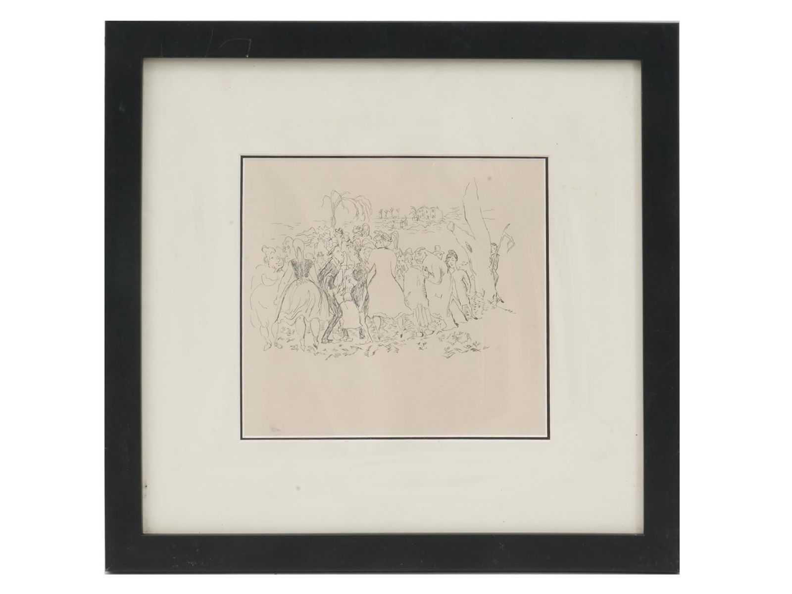PRINT ON PAPER BY BORIS SVESHNIKOV: Boris Sveshnikov (Russian, Soviet, 1927-1998) print on paper, depicting a landscape view with many male and female figures, circa 1960. Framed. Inscribed in the Cyrillic on the back. Acquired from the