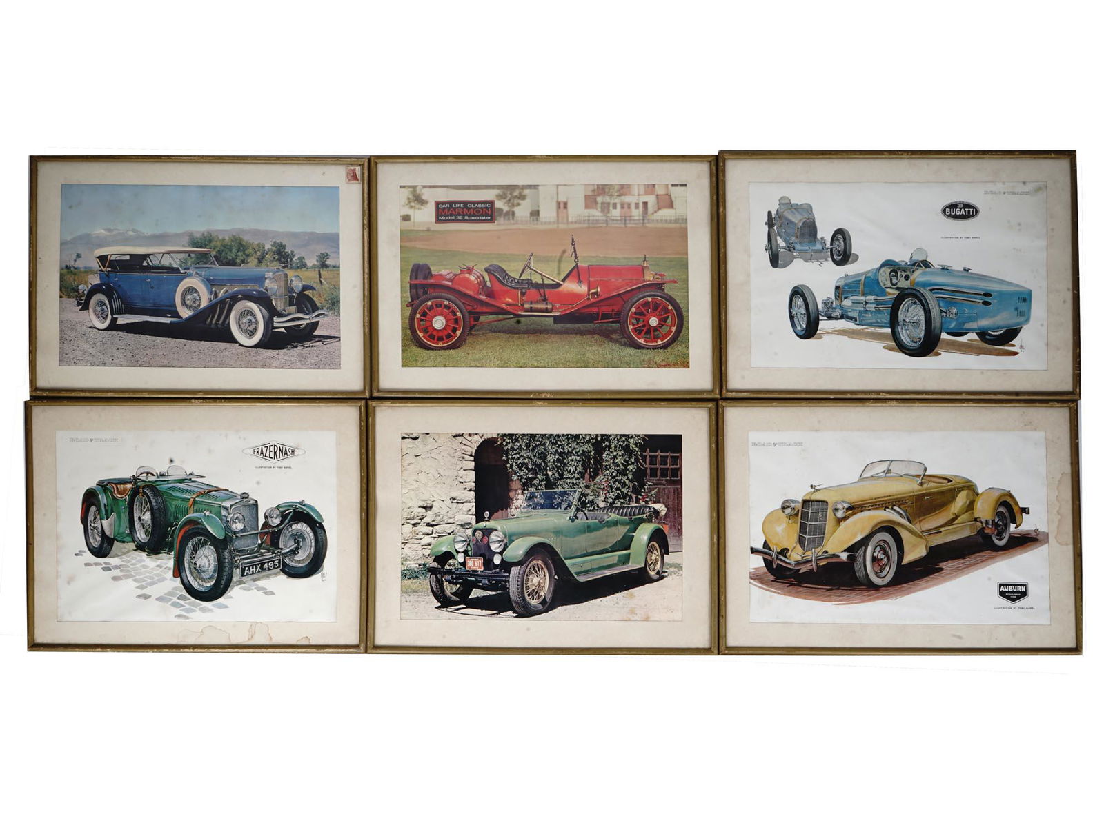 FRAMED WALL PRINTS OF ANTIQUE CARS BY TOBY NIPPEL: A lot of six wall prints depicting iconic models of early 20th-century automobiles. Three photographs and three color lithographs. Photos of Packard Roadster, Marmon Speedster, and Ford Model T. The l