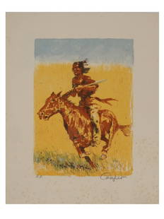 SILKSCREEN PRINT AMERICAN INDIAN RIDER BY COOPER: Color silkscreen print representing a Native American man on horseback in a desert. Marked AP, Artists Proof in the lower left. Hand-signed Cooper in the lower right. Wayne Cooper, born 1942, is an