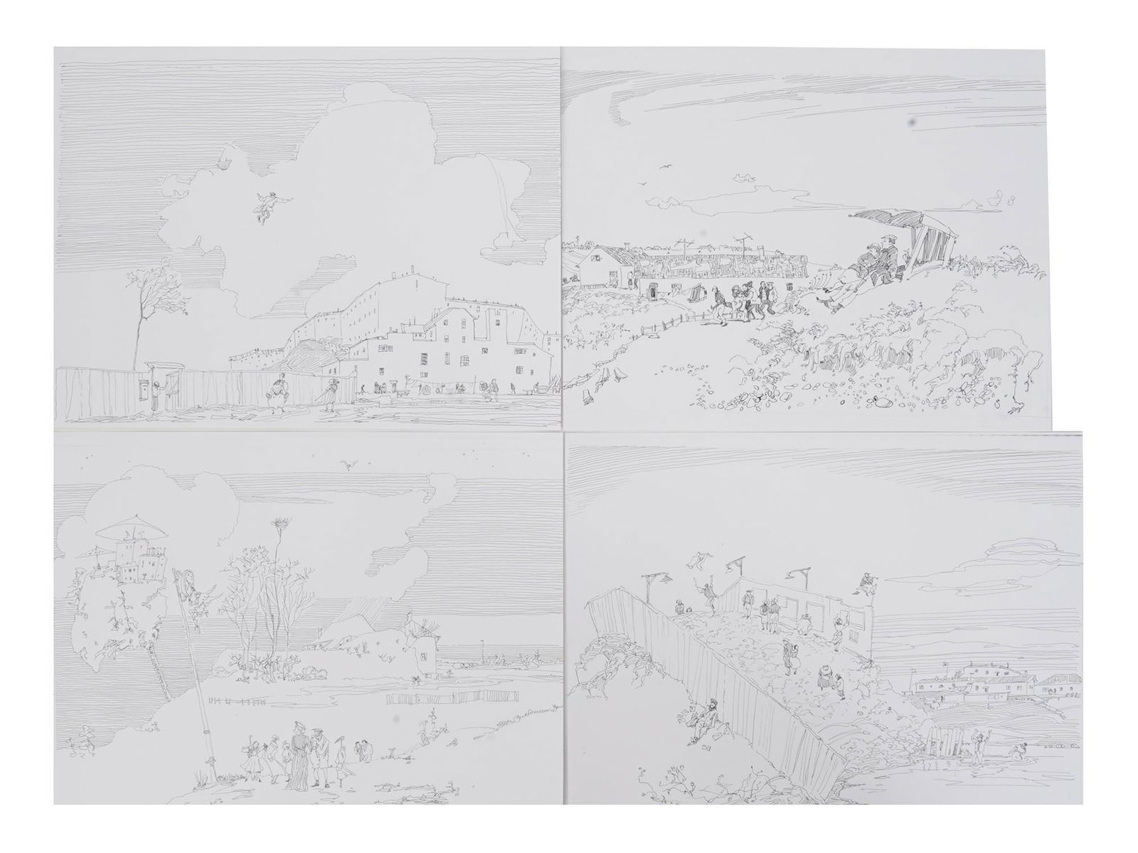 FOUR ILLUSTRATION PRINTS BY BORIS SVESHNIKOV: Boris Petrovich Sveshnikov, Russian Soviet, 1927 to 1998, four lithographs on paper, illustrations, depicting landscapes and genre scenes. Circa: 1950s to 1970s. Boris Petrovich Sveshnikov, is a Russi