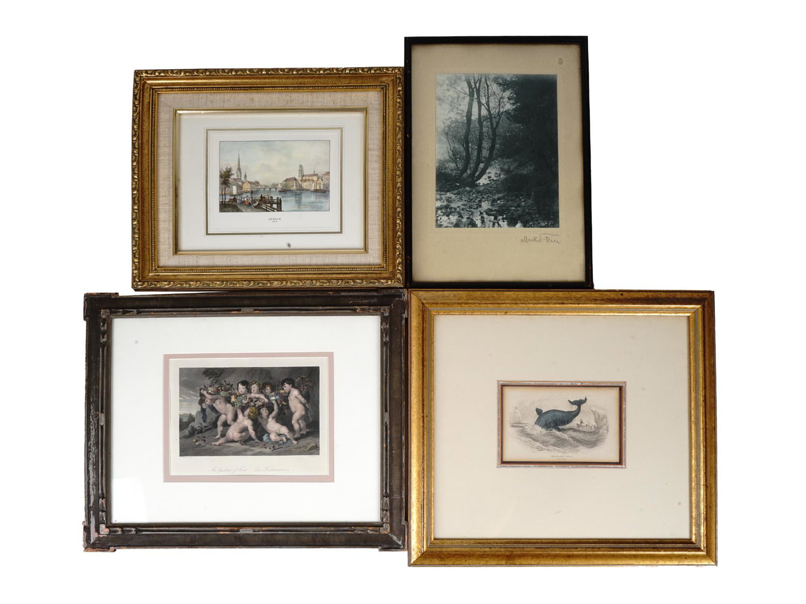 ANTIQUE 19TH CENTURY PRINTS FRAMED AND SIGNED: A set of four antique framed prints. First. A cityscape color print, a view of ZÃ¼rich in 1845. White mat, golden frame. Second. A black and white print depicting a forest landscape with a river. Ha
