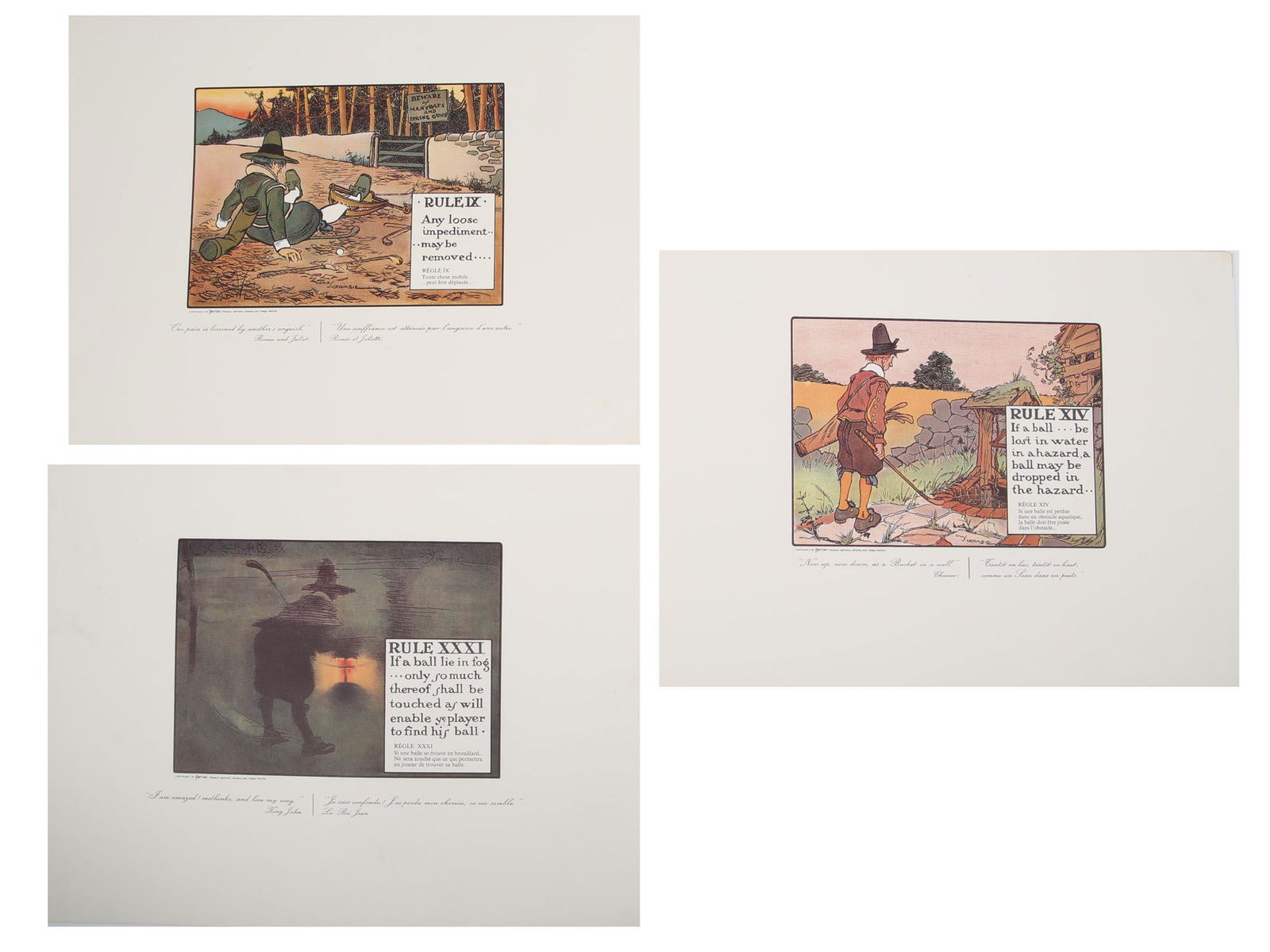 3 VINTAGE GOLF PRINTS, CHARLES CROMBIE, PERRIER: The lot includes three vintage prints by Charles Crombie for Perrier, French natural sparkling table water, and depicting Rules of Golf. Rule XIV, If a ball be lost in water, Rule IX, Any loose impedi
