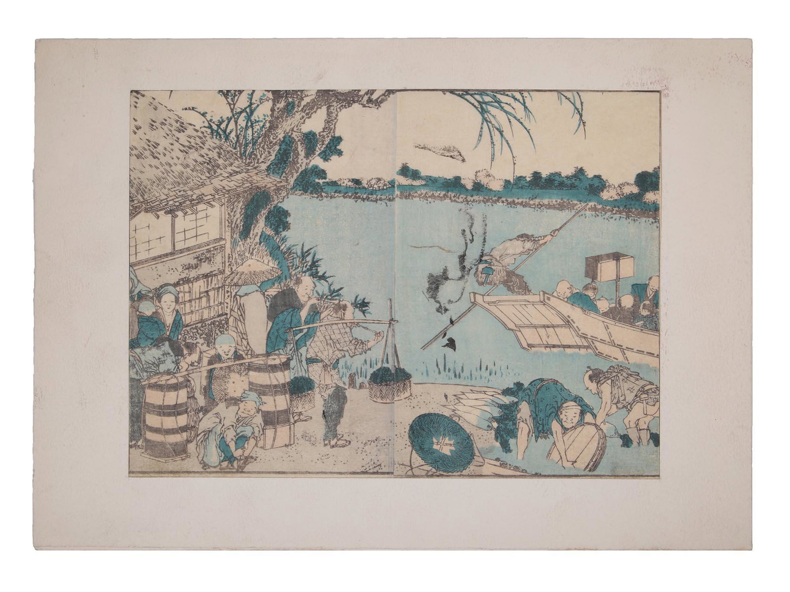VINTAGE JAPANESE UKIYO E COLOR WOOD BLOCK PRINT: A vintage Japanese Ukiyo e color wood block print on paper depicting a traditional scene near the river. After Katsushika Hokusai Edo period wood block inc and color on paper from Hokusai Gafu, 1849 (