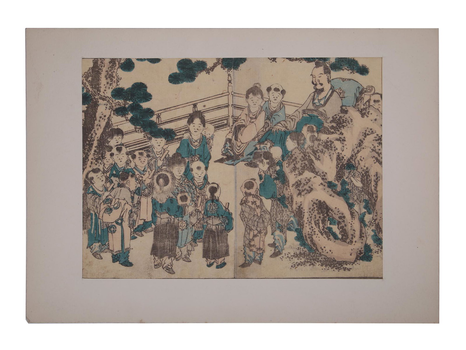 VINTAGE JAPANESE UKIYO E COLOR WOOD BLOCK PRINT: A vintage Japanese Ukiyo e color wood block print on paper depicting a teaching scene. After Katsushika Hokusai Edo period wood block inc and color on paper from Hokusai Gafu, 1849 (Kaei 2), from thre