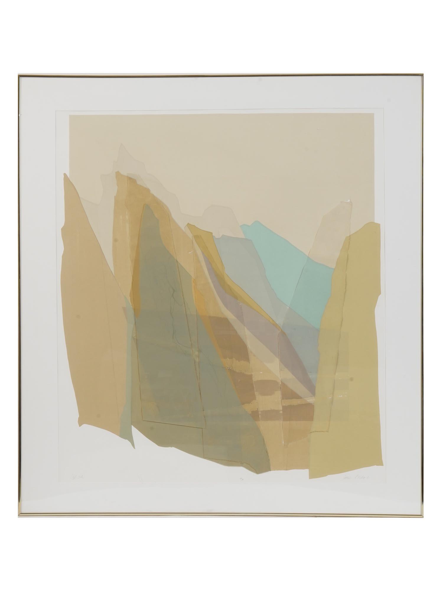 AMERICAN SERIGRAPH COLLAGE BY SABRA RICHARDS: Sabra Richards, Contemporary American artist, three dimensional artwork serigraph collage on paper, Cliff Side. Signed in pencil lower right. Circa: late 20th to early 21st century. Framed. Sabra Rich