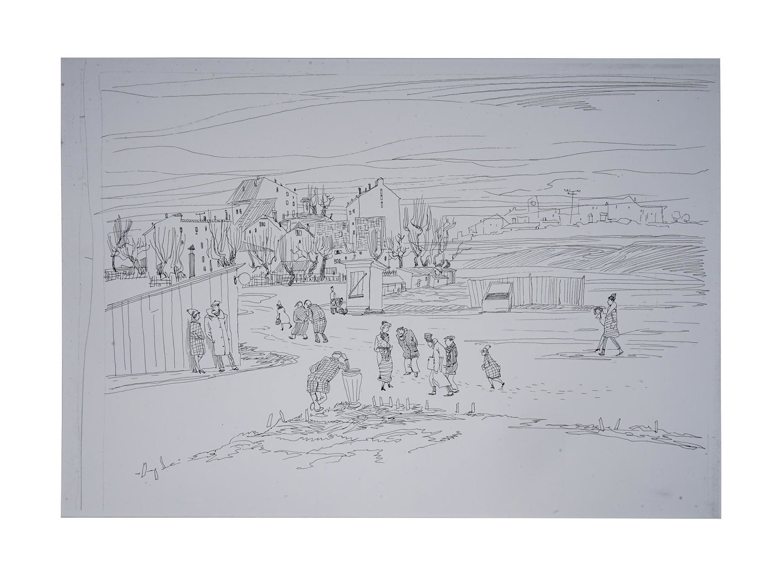 RUSSIAN SOVIET LITHOGRAPH BY BORIS SVESHNIKOV: Boris Petrovich Sveshnikov, Russian Soviet, 1927 to 1998, lithograph on paper, depicting a genre scene. Circa: 1950s-1970s. Boris Petrovich Sveshnikov, is a Russian Nonconformist painter, graphic arti