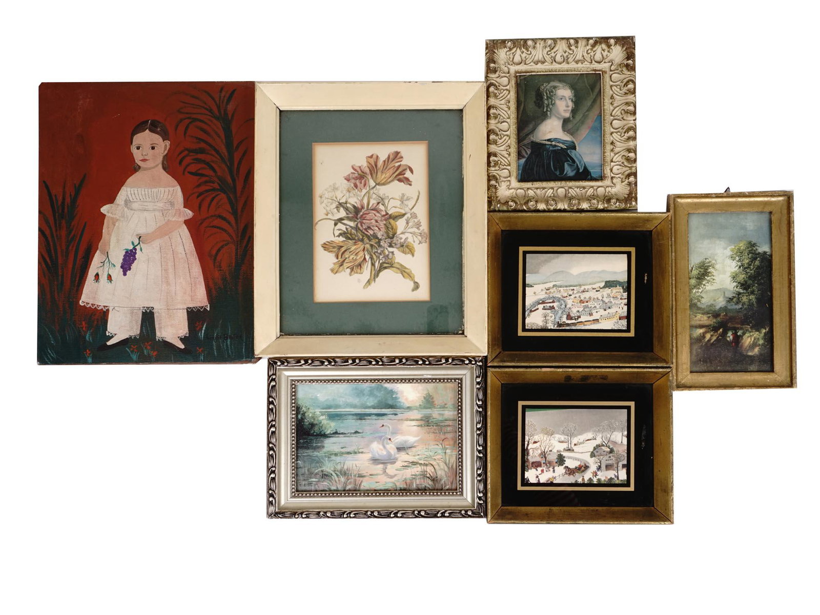 COLLECTION OF 7 MID CENTURY WALL DECOR ITEMS: A collection of vintage paintings and prints for wall decor. The collection includes a mid century oil on canvas painting depicting a girl with flowers and a bunch of grapes in her hands by Linda Broo