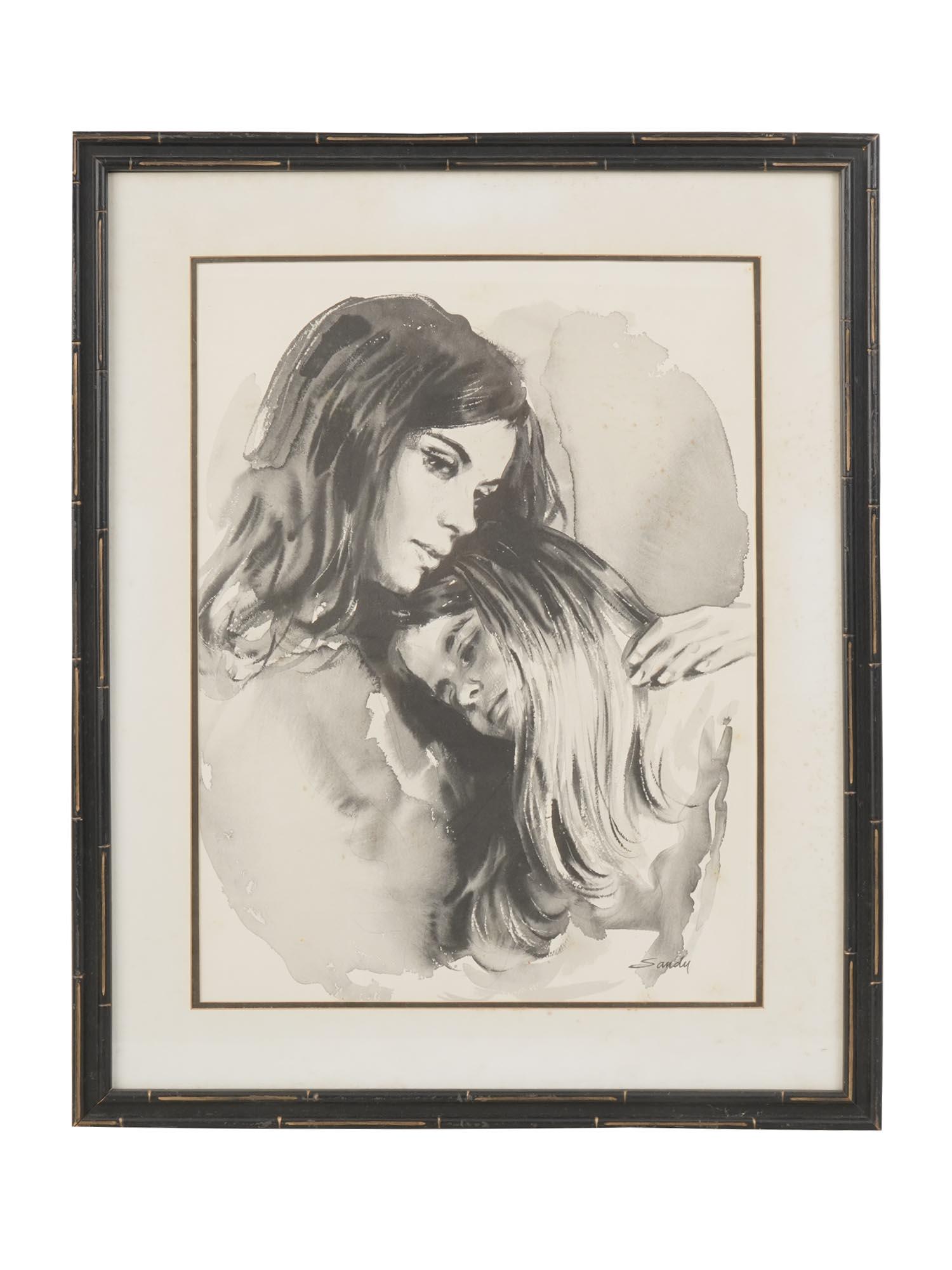 WATERCOLOR LITHOGRAPH TWO WOMEN BY SANDU LIBERMAN: Sandu Liberman, 1923â€“1977, Romanian-born Israeli artist. A lithography of a watercolor artwork depicting two young women. Signed Sandu in the lower right. White mat, black frame with golden det