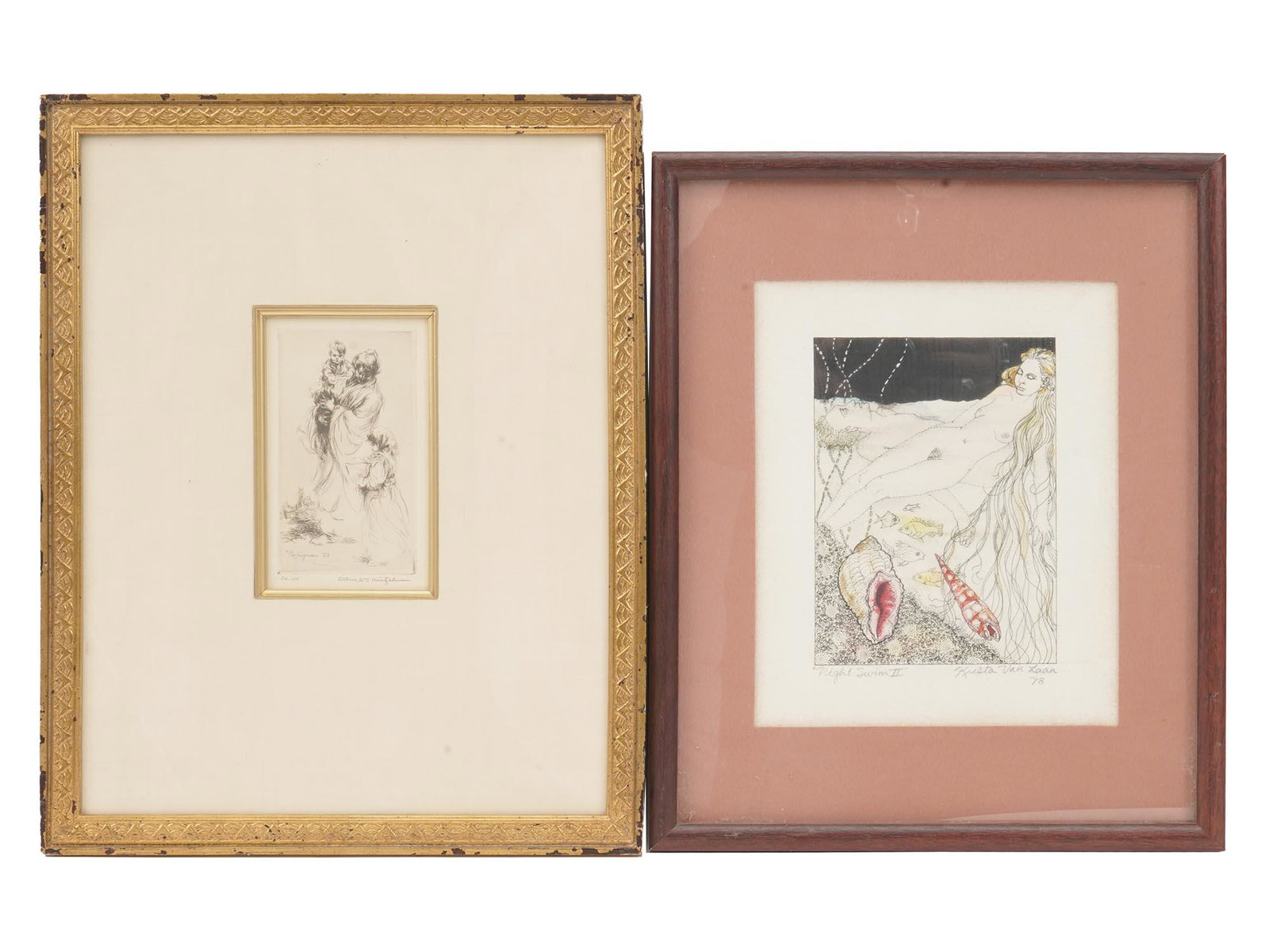 TWO FRAMED ETCHINGS SIGNED HEINTZELMAN & VAN LAAN: A set of two etchings. First. Arthur William Heintzelman, 1891-1965, American artist. Engraving depicting a mother with two small children. Signature in the lower left: Perpignan, 1927. Signed in the 