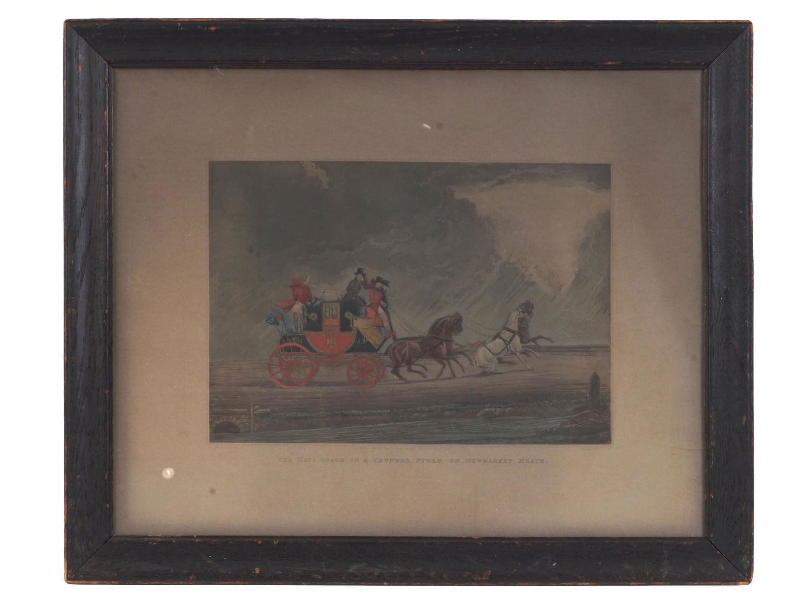 ANTIQUE ENGLISH COLOR ENGRAVING BY JAMES POLLARD: James Pollard, English, British, 1792 to 1867, color aquatint engraving on paper, The Mail Coach in A Thunder Storm on Newmarket Heath, 1927. Engraved by G. reeves. Inscribed in the plate lower right