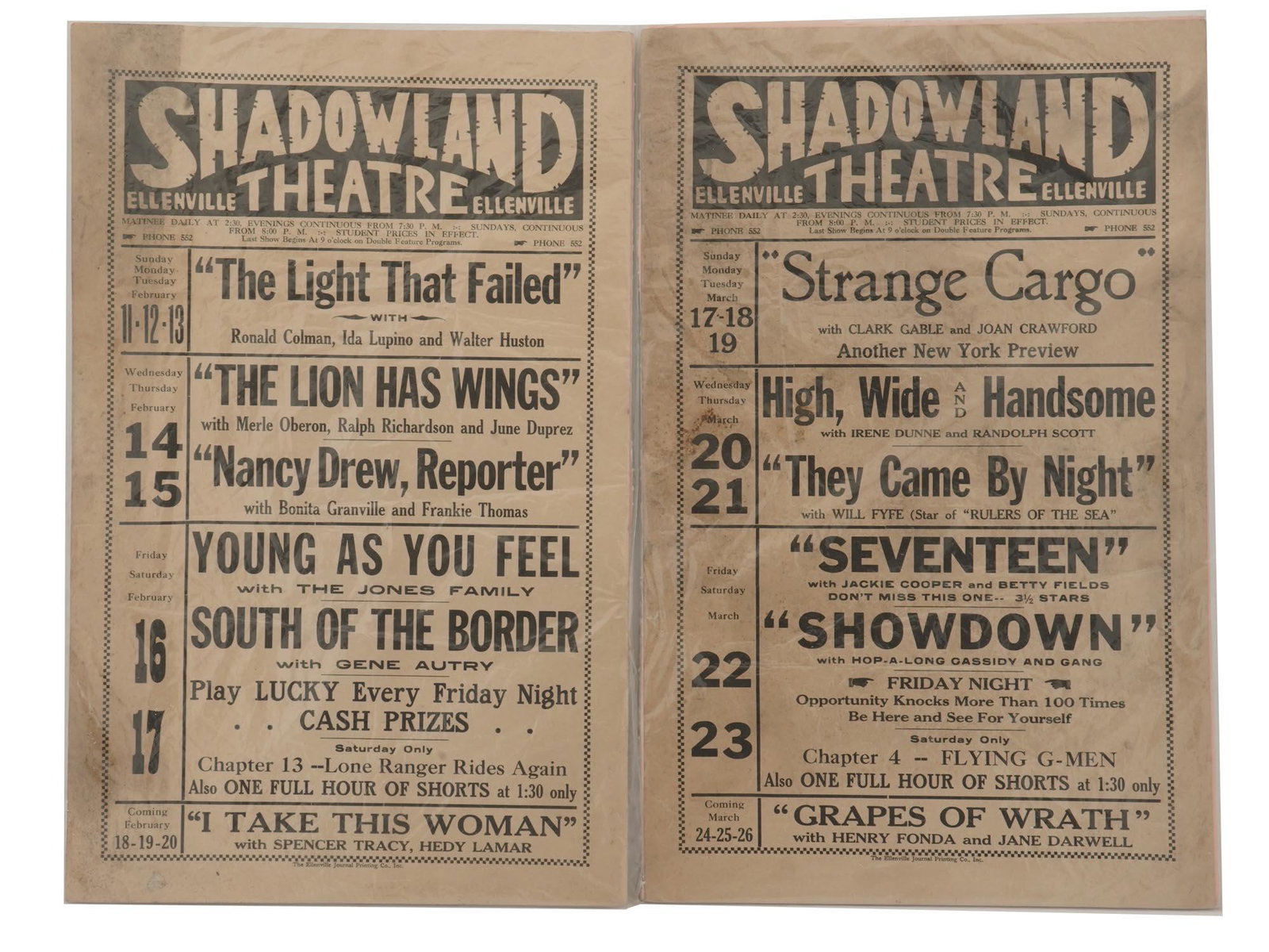 MID CENTURY ELLENVILLE SHADOWLAND THEATRE POSTERS: A lot of two posters of Shadowland Theatre, Ellenville, NY. Weekly film screening programs dating back to 1939 and 1940. The Shadowland was opened in 1920 and functioned as a vaudeville and movie thea