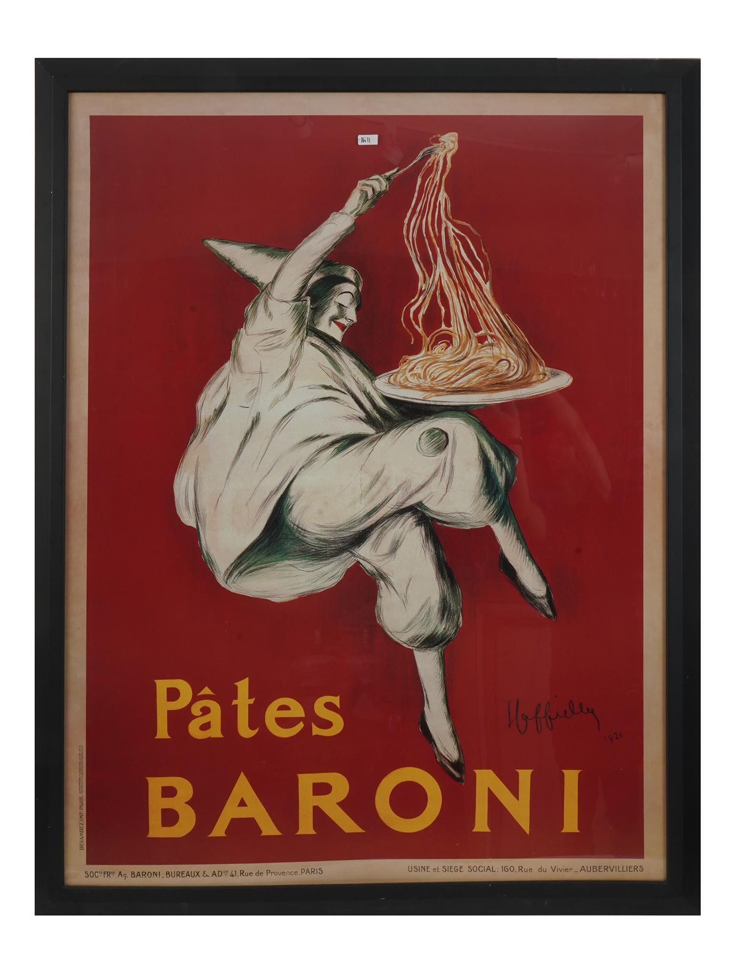 PATES BARONI 1921 CAPPIELLO ITALIAN PASTA POSTER: A Leonetto Cappiello Art Nouveau classic Italian pasta advertising poster, multi color offset lithograph print on paper. Signed in print and dated 1921 lower right. Leonetto Cappiello, 1875 to 1942, w
