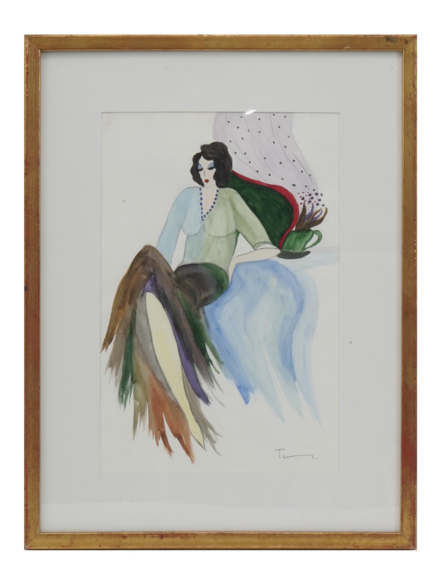 WATERCOLOR PAINTING FEMALE PORTRAIT SIGNED TARKAY: Watercolor on paper painting representing a seated woman in blue and green. Art Decor style. Signed T in the lower right. Itzhak Tarkay, 1935 to 2012, was an Israeli painter who focused on images of e