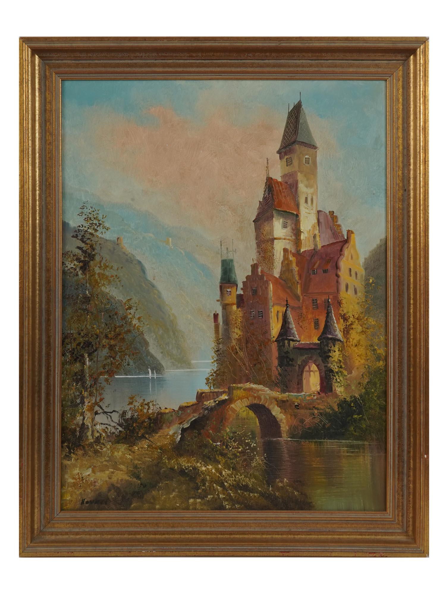 1975 CASTLE LANDSCAPE OIL PAINTING SIGNED KOVACS: Oil on canvas painting, a landscape view of an imaginary medieval castle with a lake and mountains in the background. Signed Kovacs in the lower left. Inscription Original von Kovacs, Original by Kova