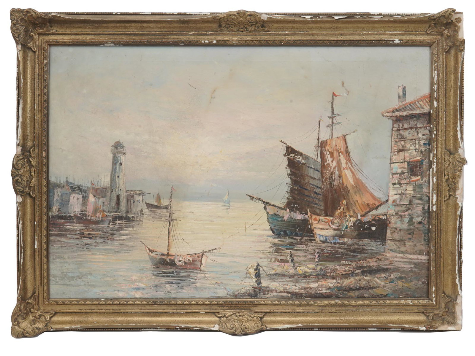 FRAMED IMPRESSIONIST MARINE LANDSCAPE PAINTING: Oil on canvas painting depicting a harbor with sailing ships, boats, and a lighthouse. Impressionist pictorial manner, pastel color palette. Ornate golden frame. Nautical Art Seascape For Interior Des