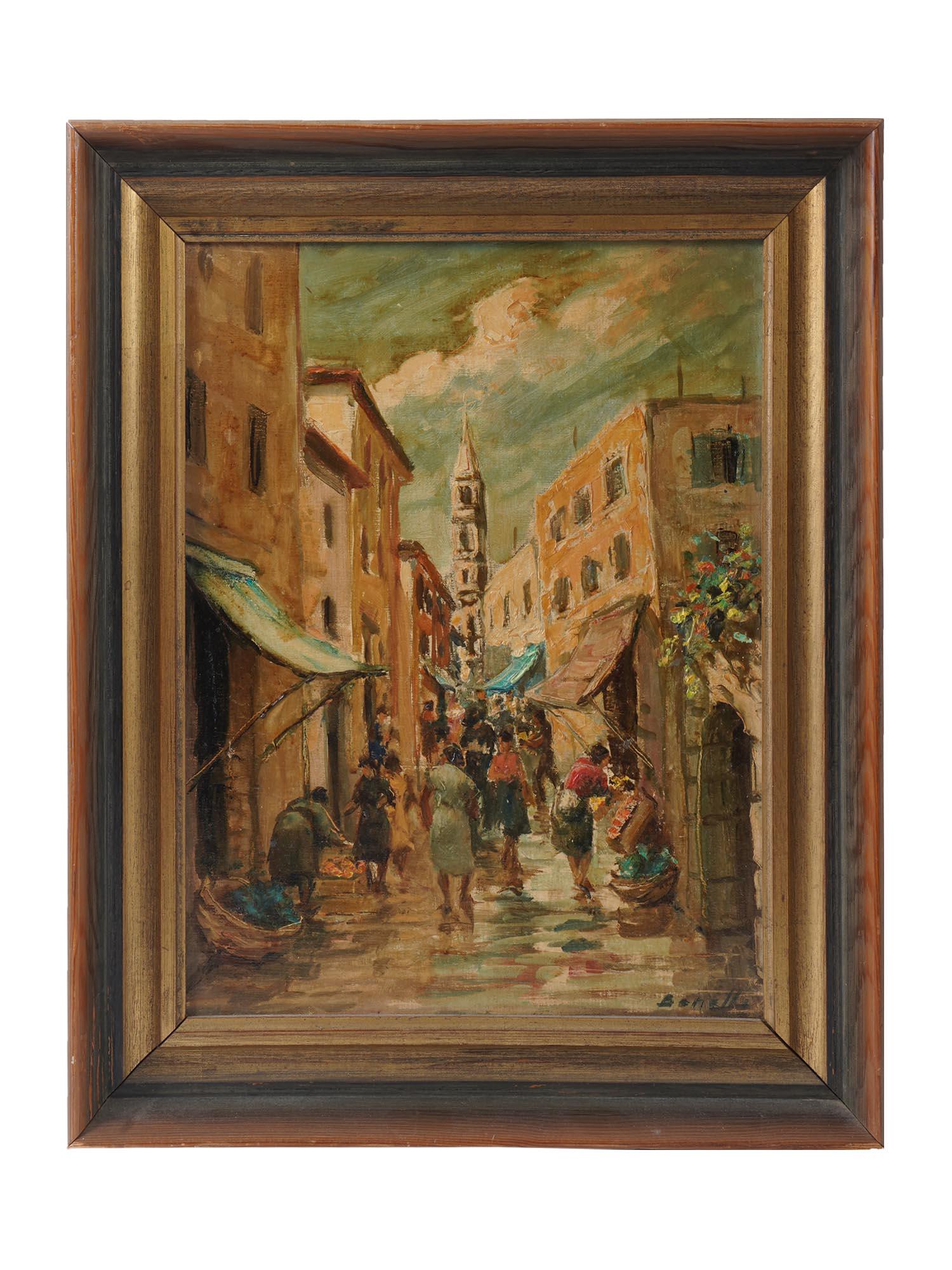 MID CENTURY OIL ON PANEL PAINTING SIGNED BONELLO: An oil on panel Neo Impressionist painting depicting a city street scene. Signed lower right: Bonello, inscribed on the reverse: Mark Bonello. Framed. One of a kind artwork. Provenance: Jasper52, New 