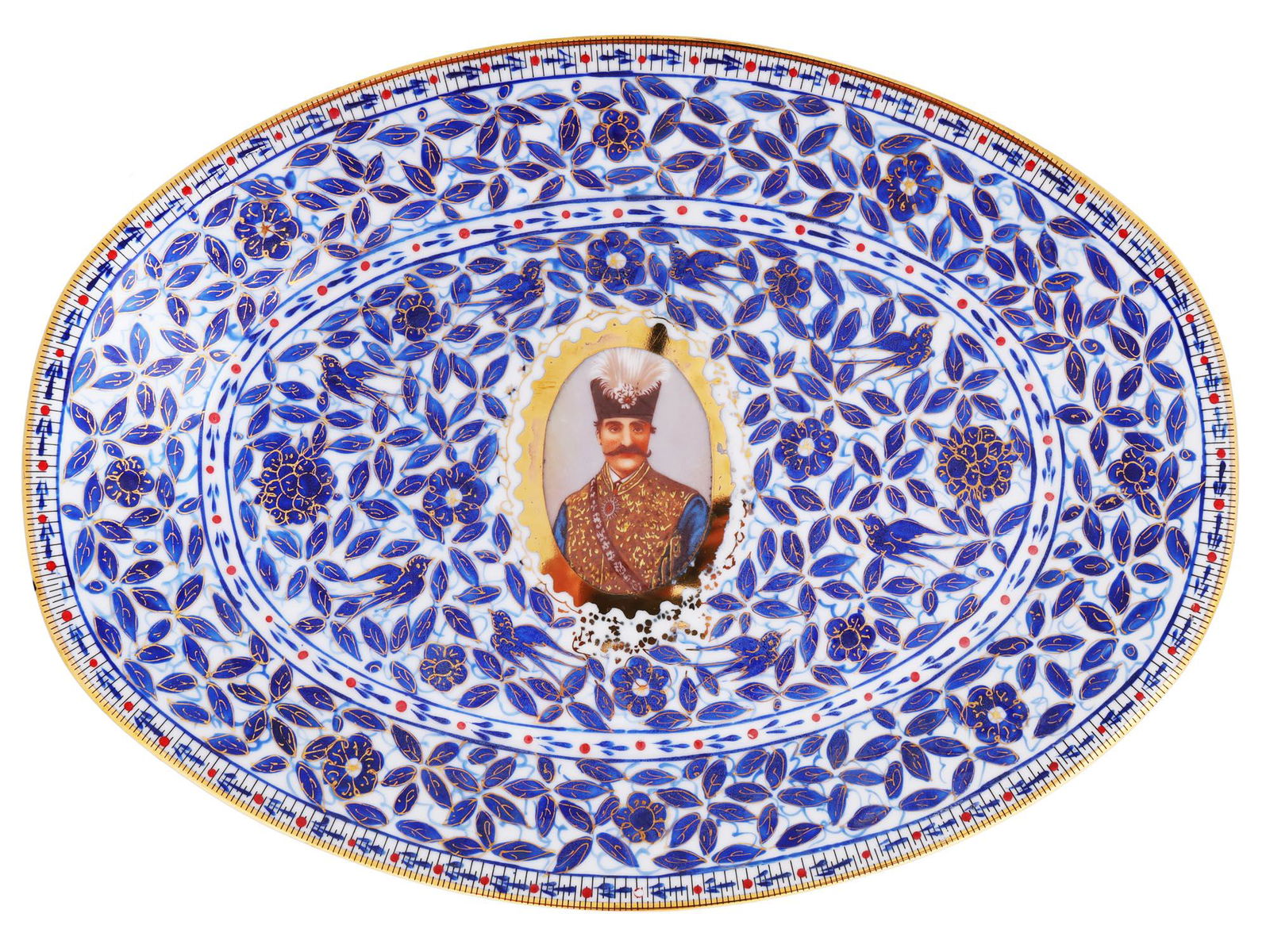 PERSIAN MARKET NASER AL-DIN SHAH PORCELAIN TRAY: A fine quality mid century large oval platter or tray, Japanese porcelain, for the Persian Market. Skilfully hand painted with a traditional design of leaves, flowers and birds in cobalt overglaze hig